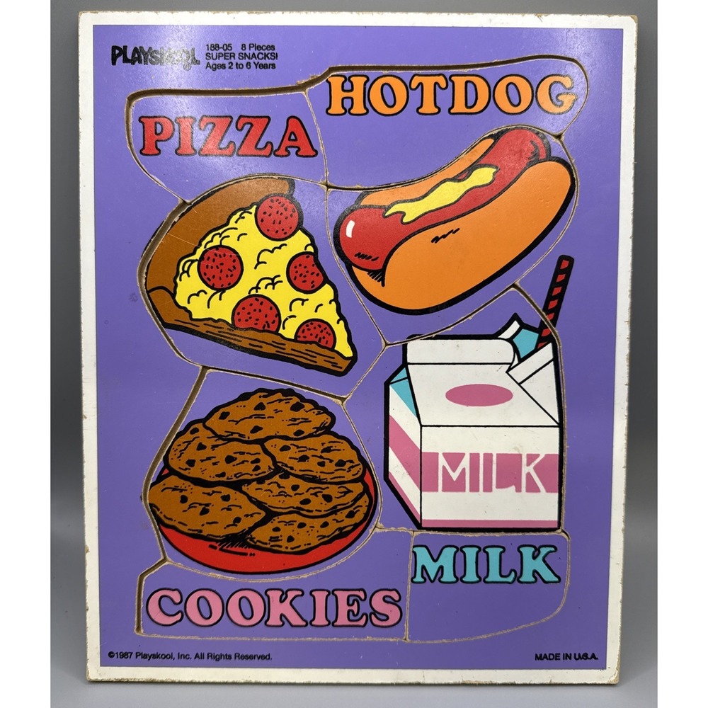 Vintage 1987 Wooden Tray Puzzle Playskool Super Snacks 8 Pieces